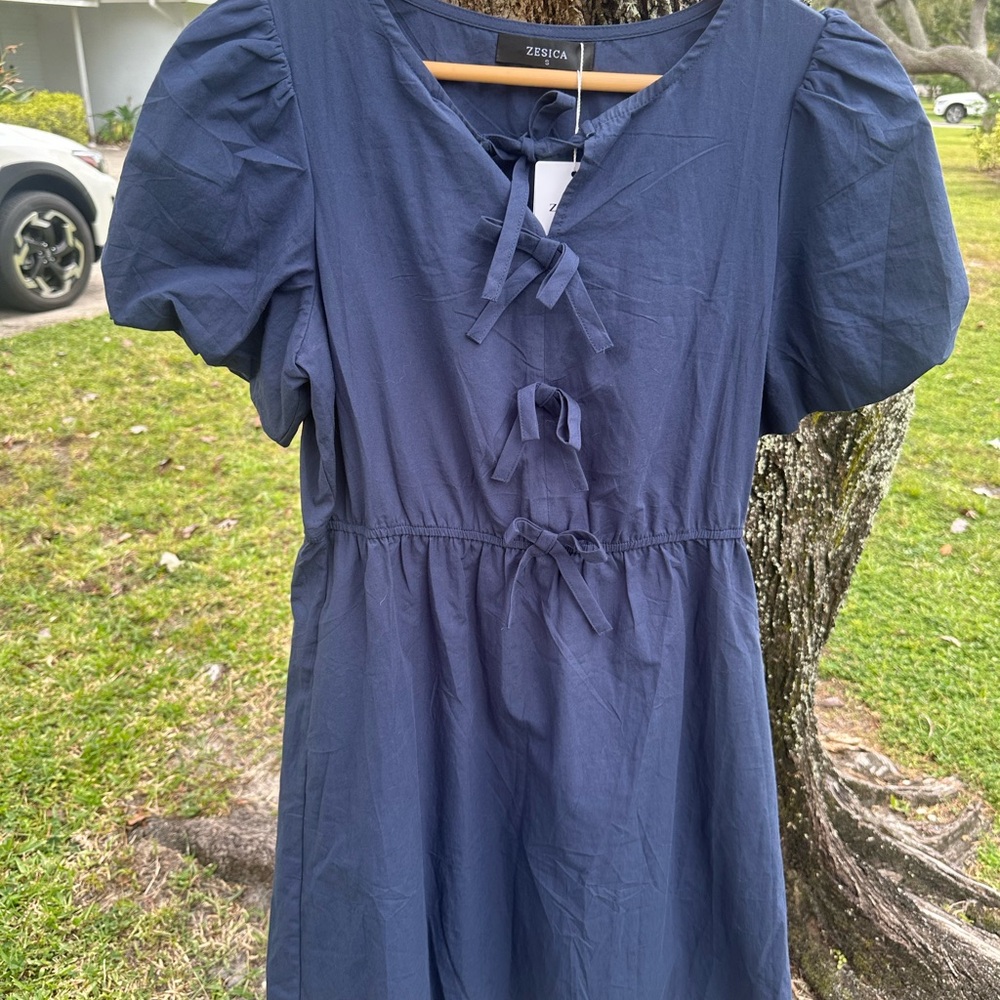 ZESICA Navy Blue Dress with Bow Accents